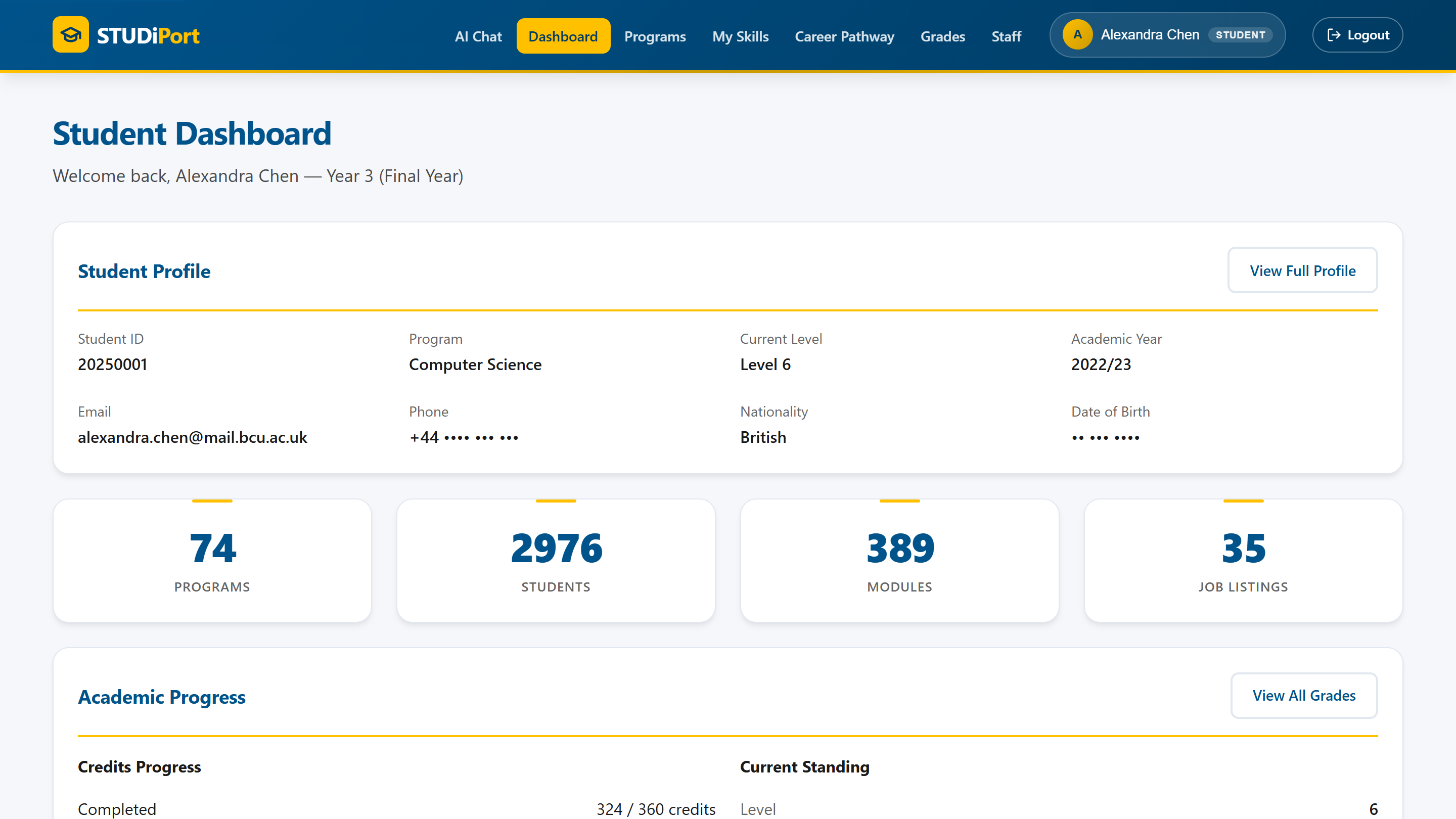 The STUDiPort student dashboard: a profile panel showing programme and level,
                  counters for programmes, students, modules and job listings, and an academic
                  progress panel with credits completed and current standing.